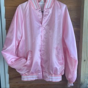 Vintage Pink Satin Bomber Button Up Mechanic Westark USA Jacket